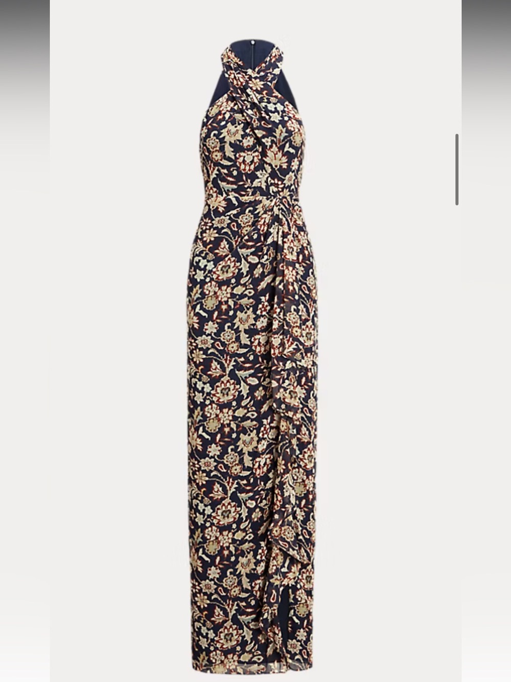 Ralph Lauren “Georgette” Navy Twist Front Floral Halter Gown